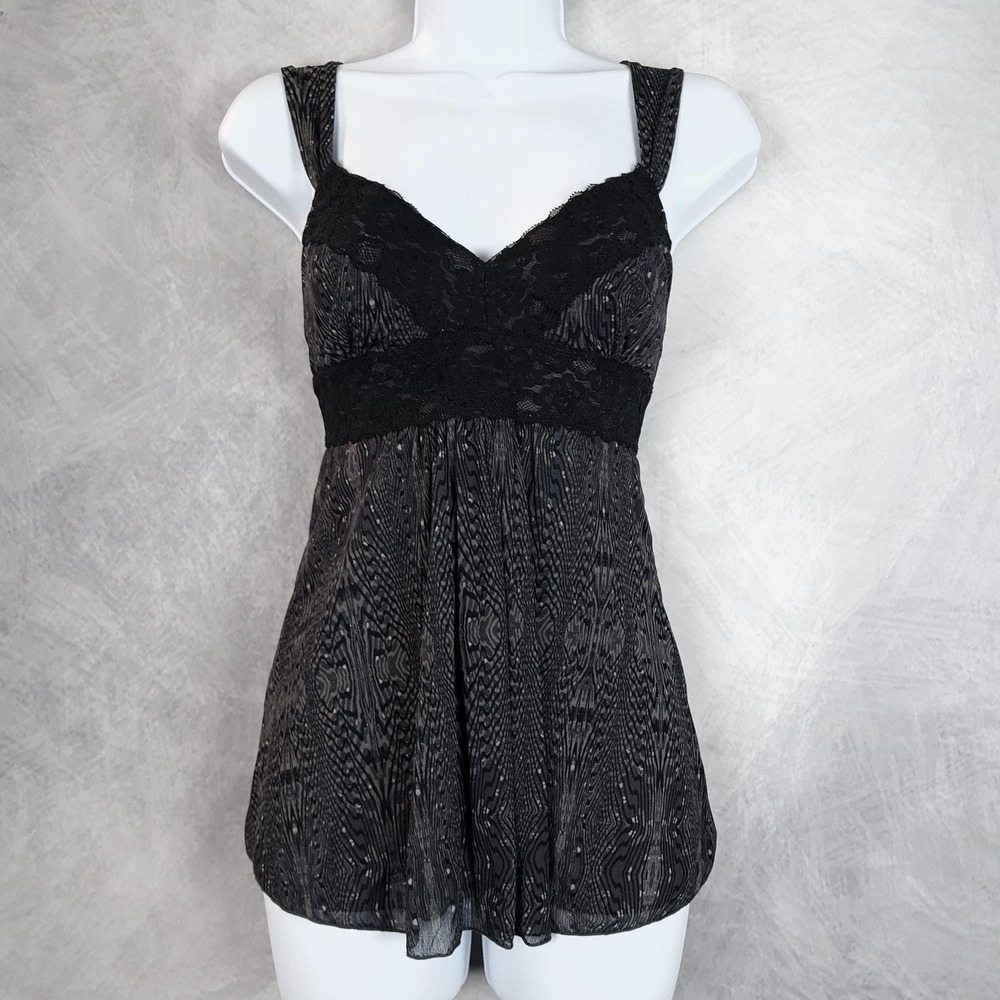 Y2K Express Camisole Tank Top Womens Medium Black Sheer Babydoll Dark Romantic